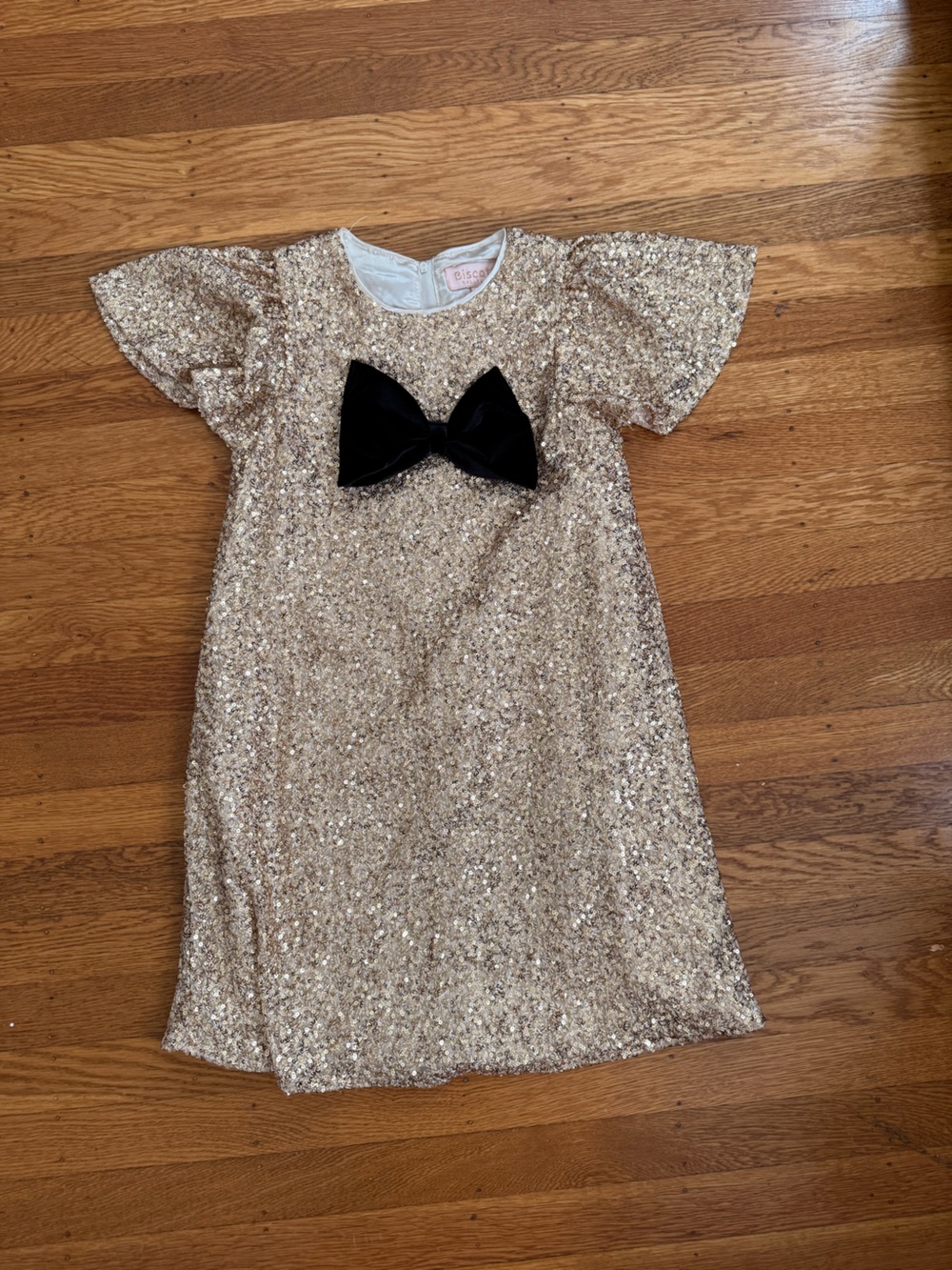 Sequin Gold girls party dress with Black Bow